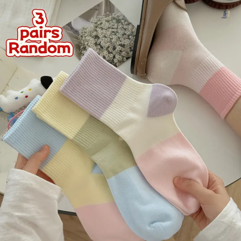 3 Pack Women Spring Summer Mid Calf Socks, Assorted Random Color Mesh Breathable Color Block Sports Socks, Lightweight Daily Outdoor Casual Athletic Socks
