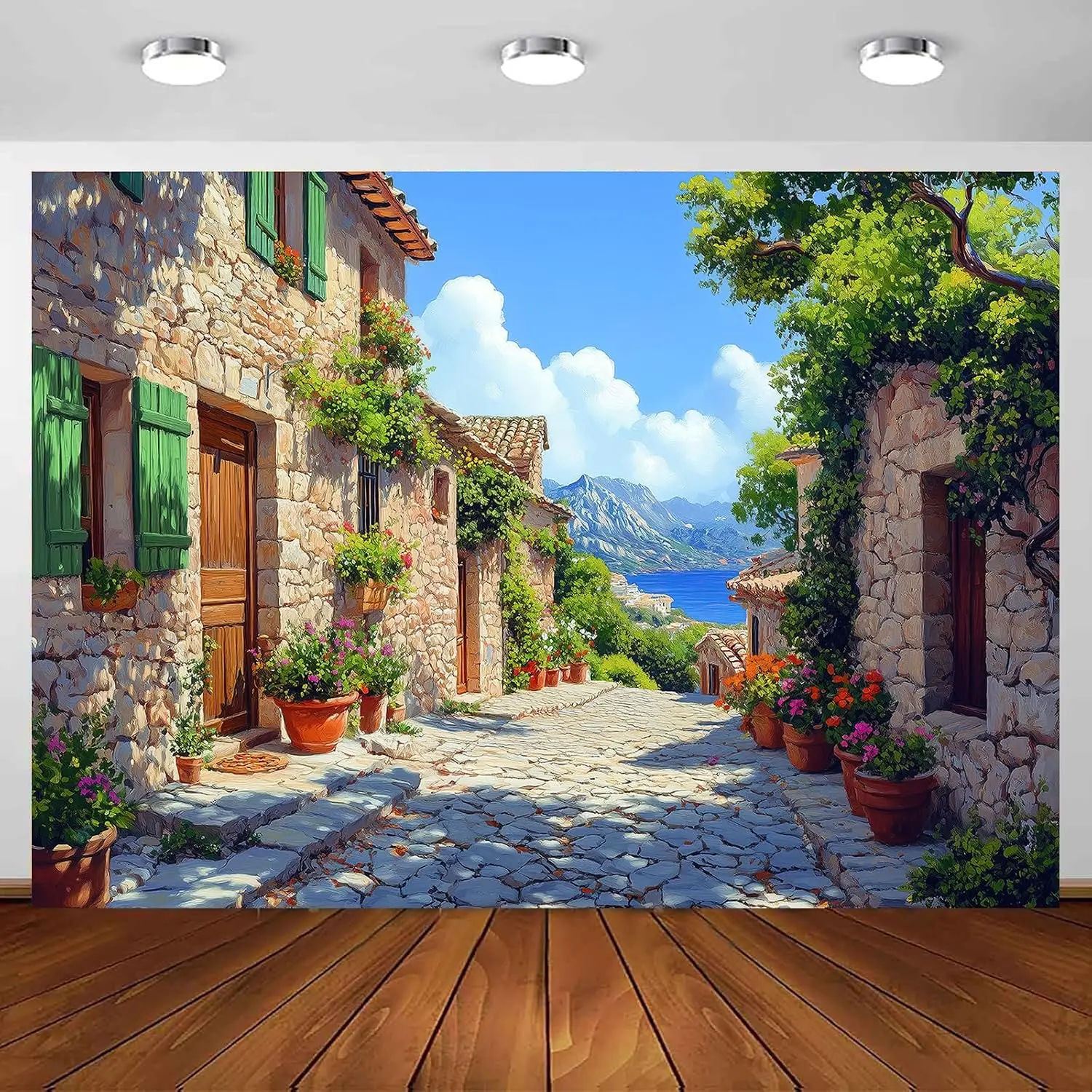 2D Falt Italian Themed Photo Backdrop Photography Background, Oil Painting European Mediaeval Town Costal City Scenery Backdrops Photo Booth Prop Decorations Wall Decor Tablecloth