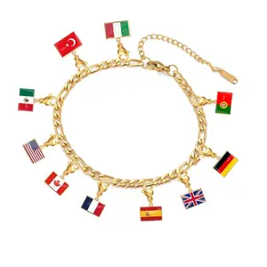 HIPEE 10*6.6mm Country Flag Charms Bracelet Stainless Steel Fashion Mother Day Gift Jewelry Recording Your Travel Memories