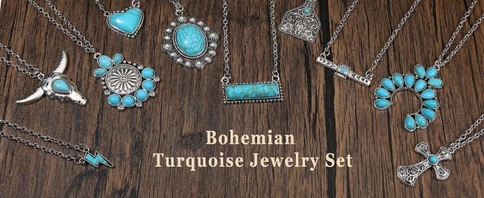 FUNRUN 10Pcs Boho Turquoise Pendant Necklaces for Women  Cow Tag Lightning Bolt Horseshoe Bar Cowgirl Jewelry Set Turquoise Jewelry Western Necklace