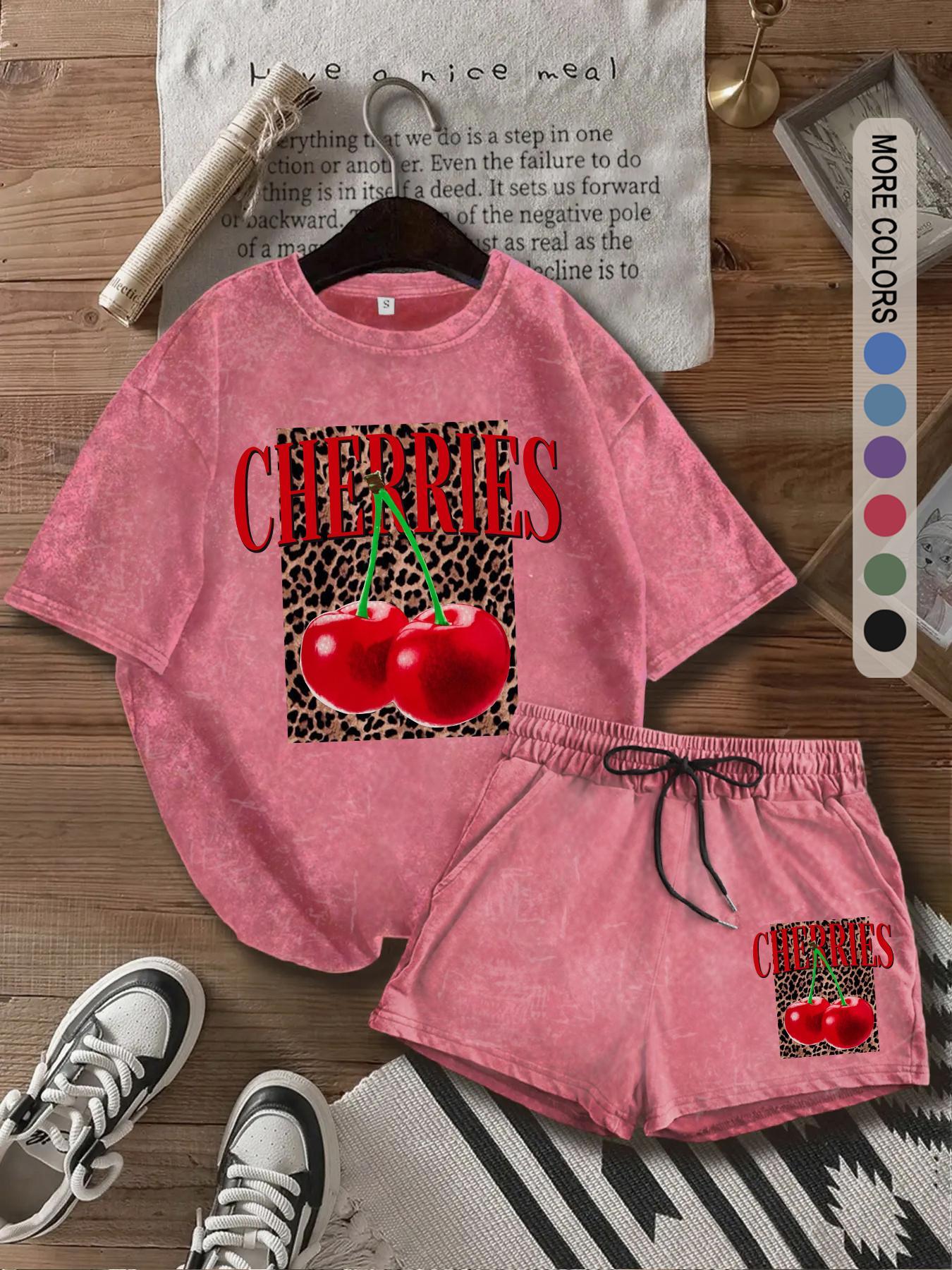 Two-Piece Set Women's Cherry Print Tee & Leopard Print Shorts, Casual Short Sleeve T-shirt & Shorts, Ladies Summer Clothes for Daily Wear, Suits, Casual Lounge Set