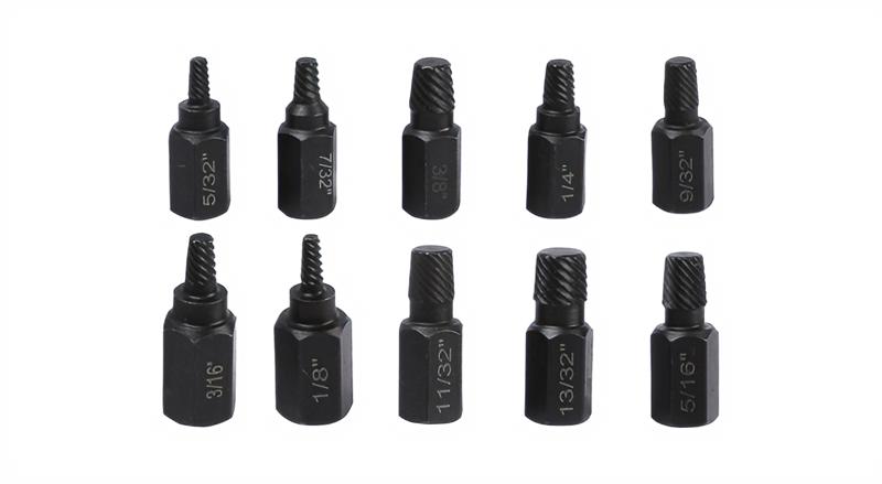 10-piece set of screw and nut extractors, damaged screw extractors, broken screw and hex bolt removal tools