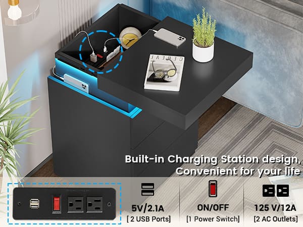 Sikaic 2PCS Nightstand with LED Lights Charging Station Black Modern Bedside Table