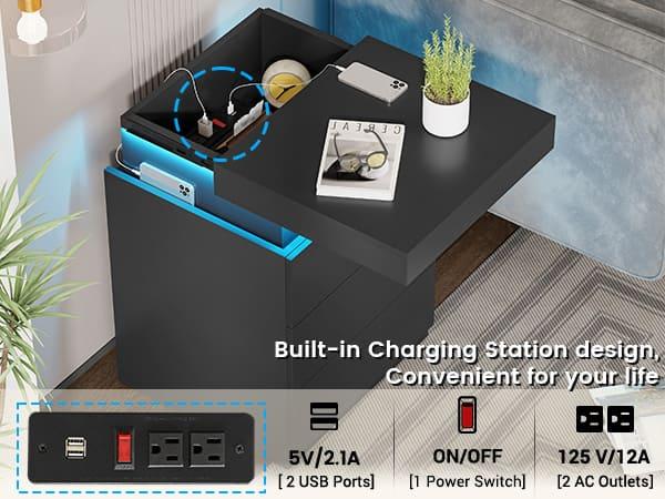 Sikaic 2PCS Nightstand with LED Lights Charging Station Black