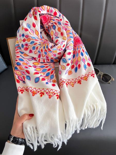 Boho Style Plant Embroidery Double Sided Scarf, Casual Soft Warm Fringe Trim Floral Embroidered Shawl for Women & Men, Fashion Accessories for Daily Wear