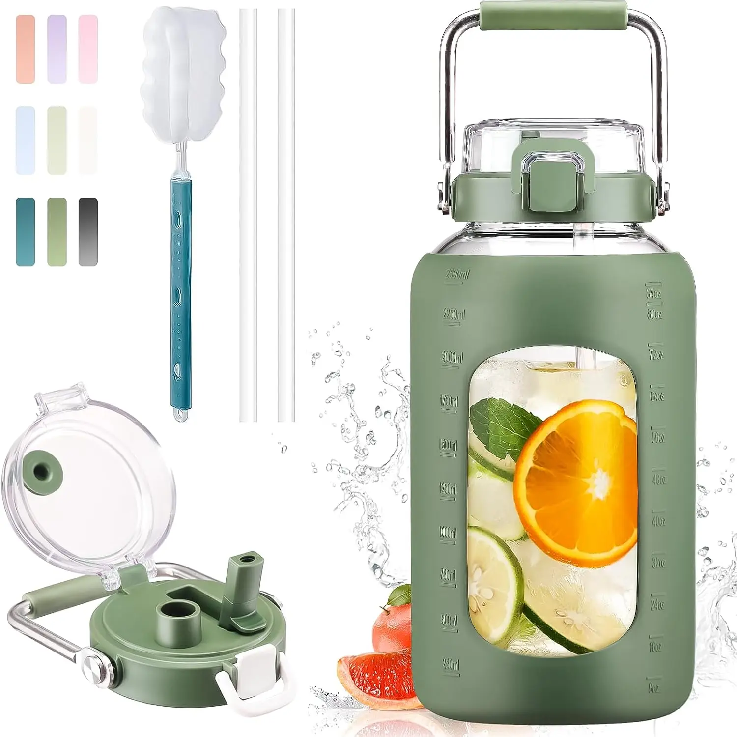 84oz Water Bottle Glass with Stainless Steel Handle Large 2.5l Water Bottle with Time Markers and Silicone Sleeve Half Gallon Water Jug BPA Free  Gym Daily Use, Olive