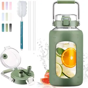84oz Water Bottle Glass with Stainless Steel Handle Large 2.5l Water Bottle with Time Markers and Silicone Sleeve Half Gallon Water Jug BPA Free  Gym Daily Use, Olive