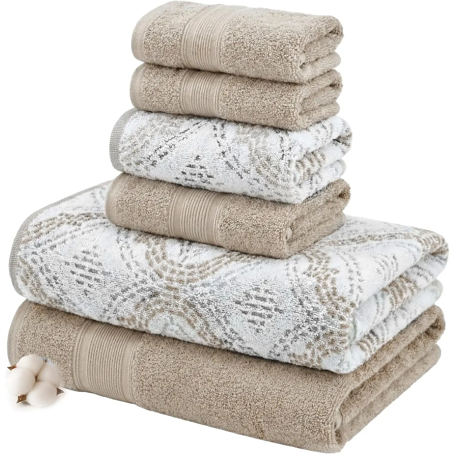 6-Piece Capri Reversible Yarn Dyed Jacquard Towel Set - Including Bath Towels, Hand Towels & Washcloths, Super Absorbent Quick Dry 100% Combed Cotton, Khaki