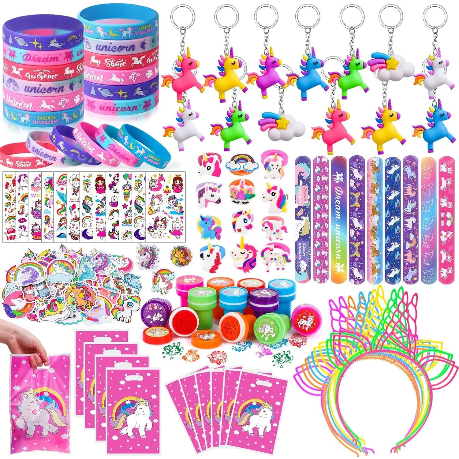 146Pcs Unicorn Party Favors Gift Set with Graffiti Elements - 12 Bracelets, 50 Stickers, Headband, Bag, Stamper, Keychain, Slap Bracelet, Ring, Goodie Stuffer, Pinata Filler, Rainbow Party Decorations for Girls' Birthday