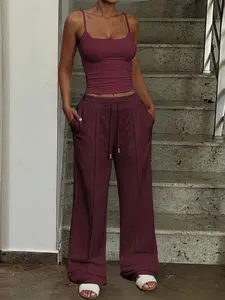 European and American Style Striped Halter Top + Drawstring Wide Leg Pants Two-Piece Set, Slim Fit Short Tank + Flowy Straight Long Pants，loungewear