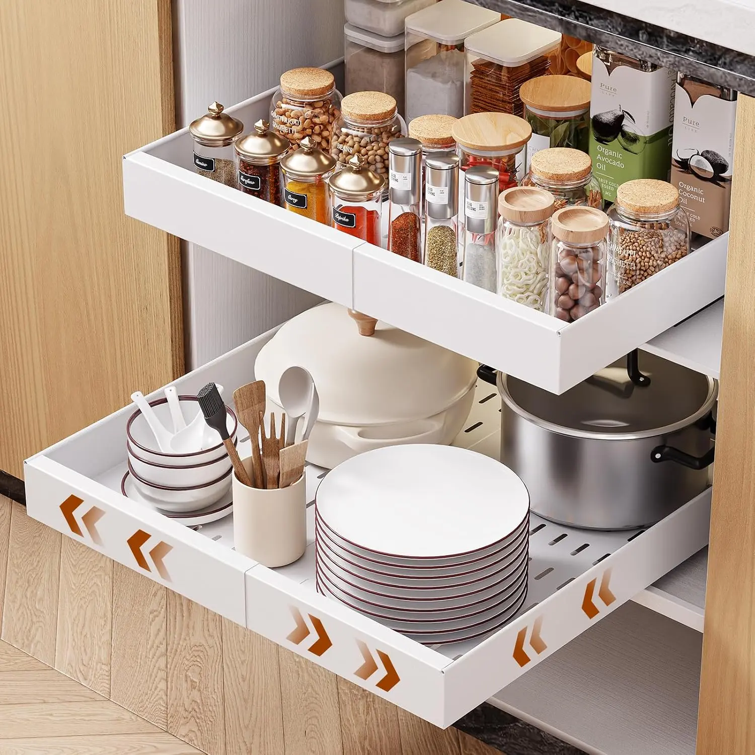 2 Pack Pull Out Cabinet Organizer, 21" Deep Slide Out Drawers for Kitchen Cabinets, No Drill Adhesive Pull Out Drawers for Cabinets, Roll Out Shelves Adjustable Width 12.05"-20.4"