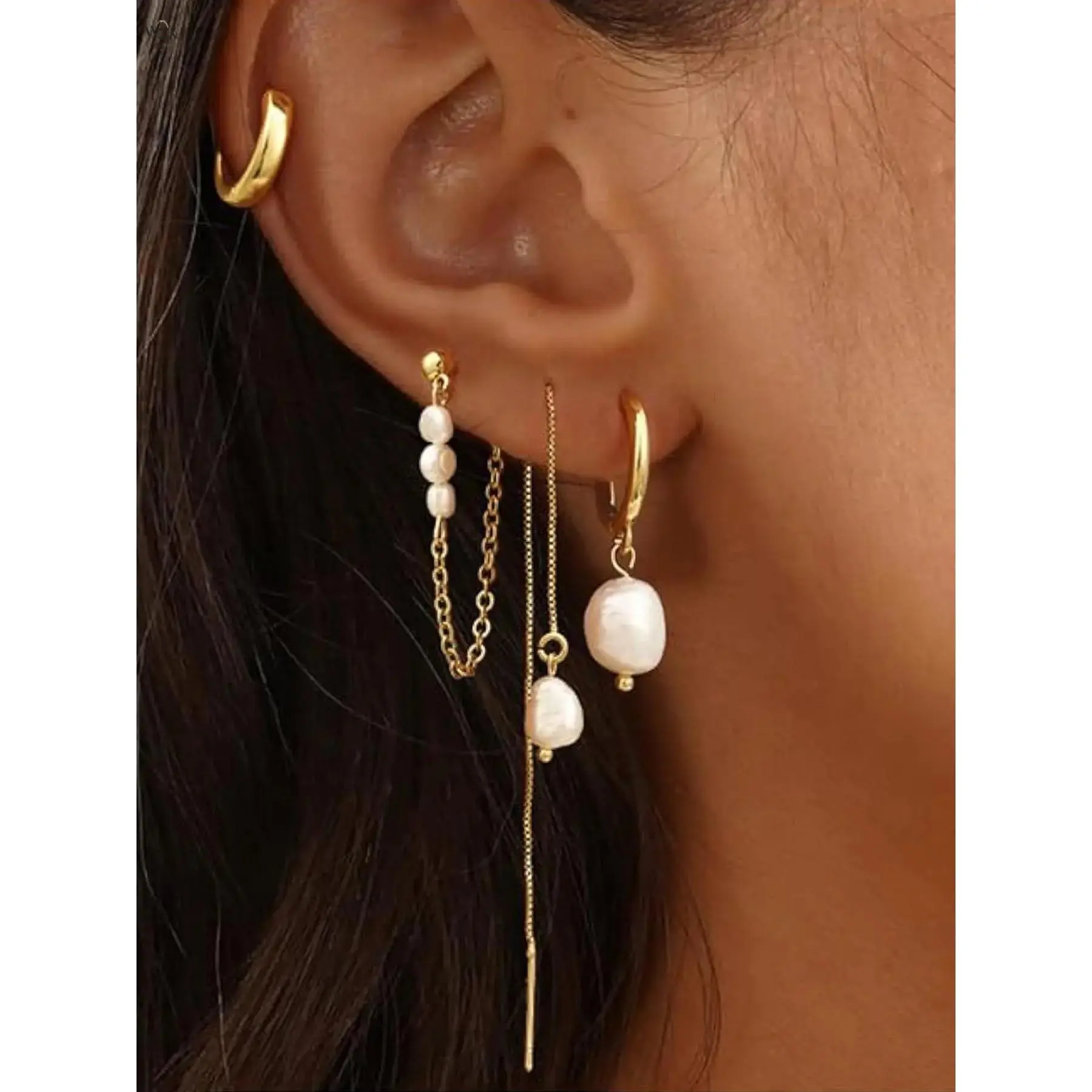 4 Pcs Gold Tone Pearl Ear Stack Set for Women, Hypoallergenic Non Tarnish Mixed Style Earrings Kit, Threader Huggie Hoop Chain Dangle Pearl Earrings, Minimalist Dainty Piercing Jewelry for Daily Wear Party Wedding Birthday Gift