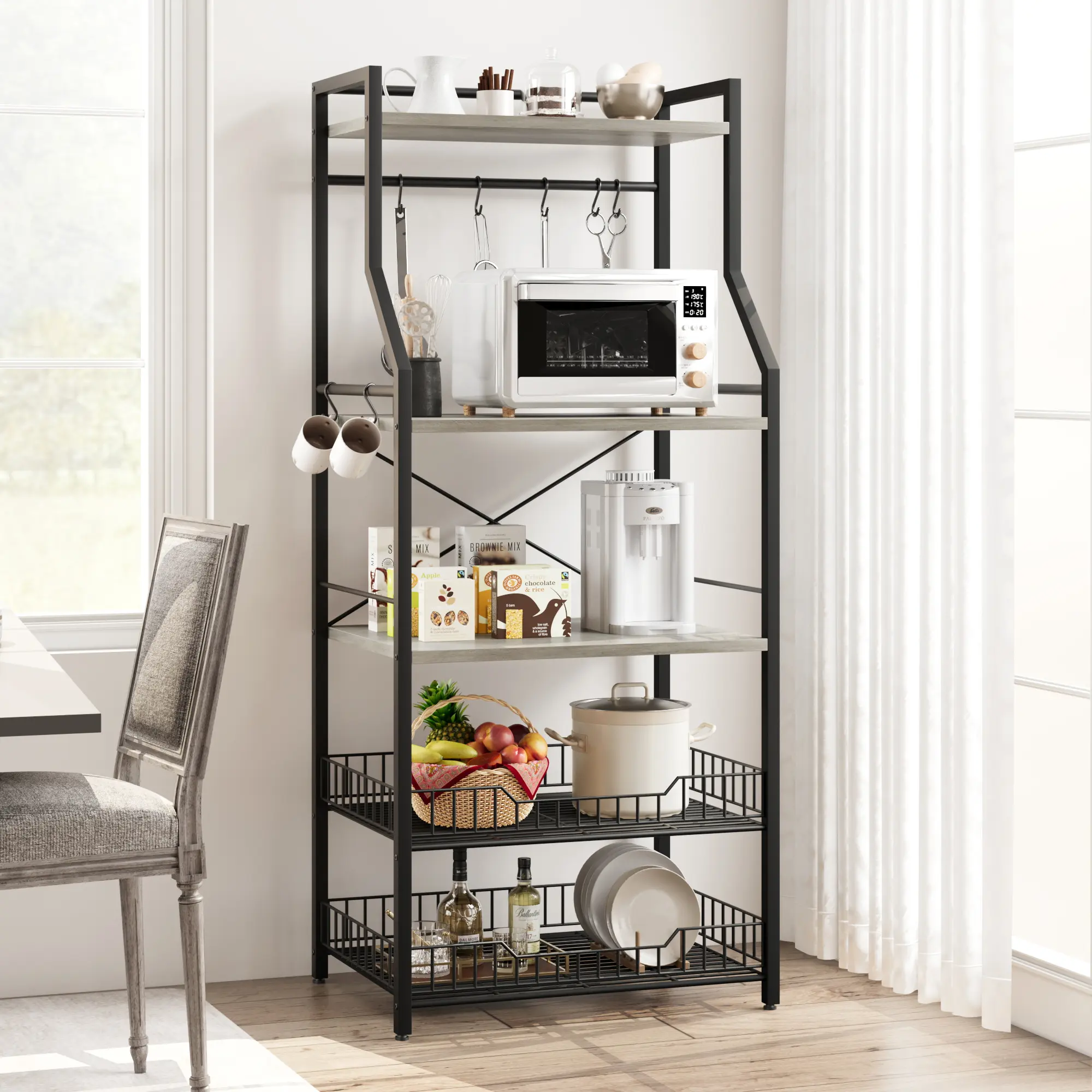 Freestanding Kitchen Bakers Rack, 5 Tier Microwave Stand with Wire Basket & Adjustable Feet, 50.7'' Tall Industrial Coffee Bar Statio