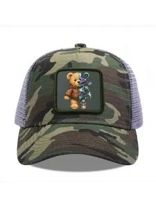 Half Teddy Bear Half Robot Camouflage Mesh Baseball Cap for Men & Women - Adjustable Snapback Trucker Hat, Breathable Back for Hiking, Fishing, Camping, Golf & Casual Outdoor Attire Camouflage Random