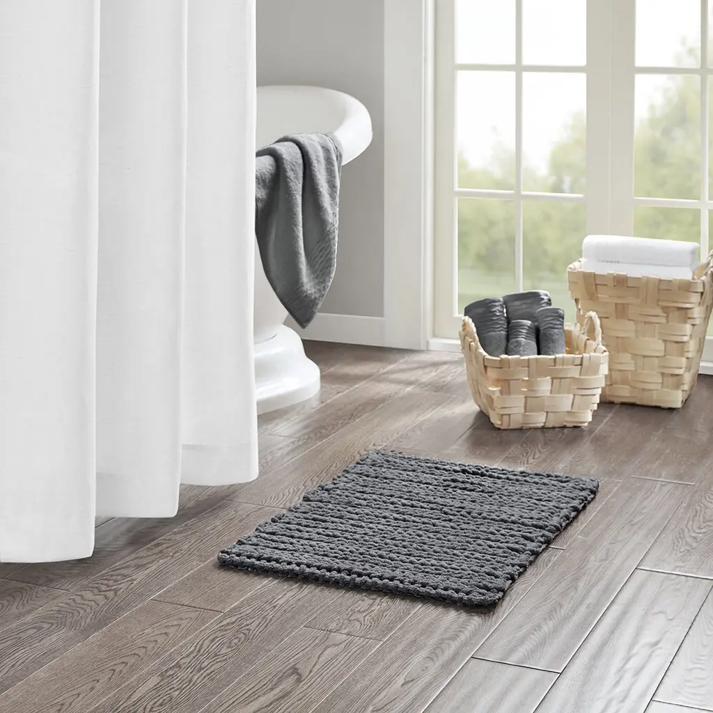 Nokaa 100% Cotton Chenille Chain Stitch Rug - Soft Plush Area Rug for Living Room Bedroom Entryway, Handmade Textured Carpet, Durable Non-Shedding Floor Mat, Home Decor Accent Rug, Charcoal, 17x24 Inches, Oeko-Tex Certified