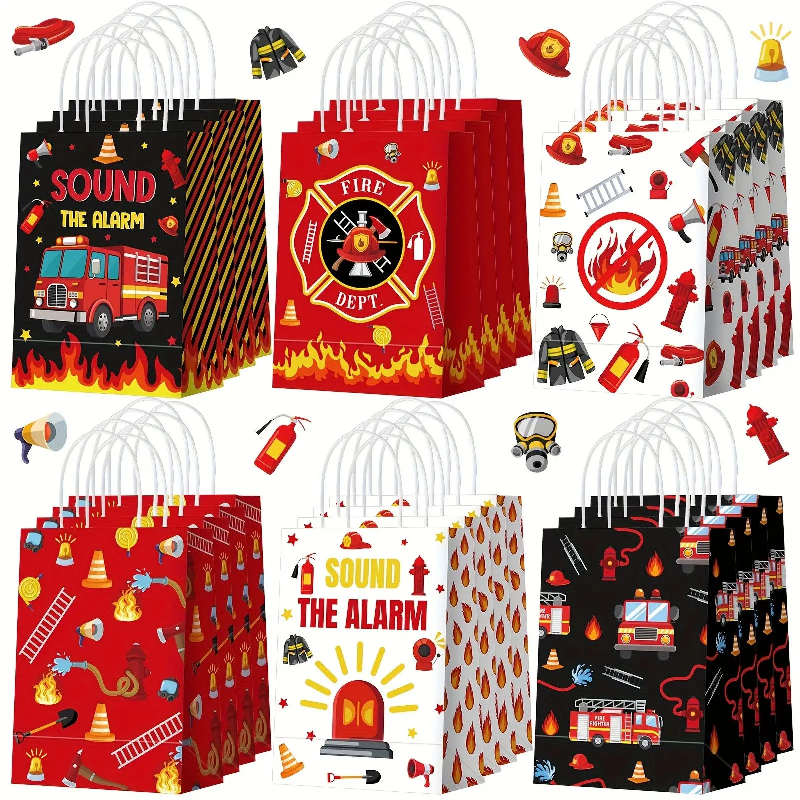 Fire Truck Theme Party Gift Bags with Handles, Firefighter Candy Bags for Birthday Parties, Decorative Snack Bags, Party Favor Bags, 12pcs/24pcs/36pcs