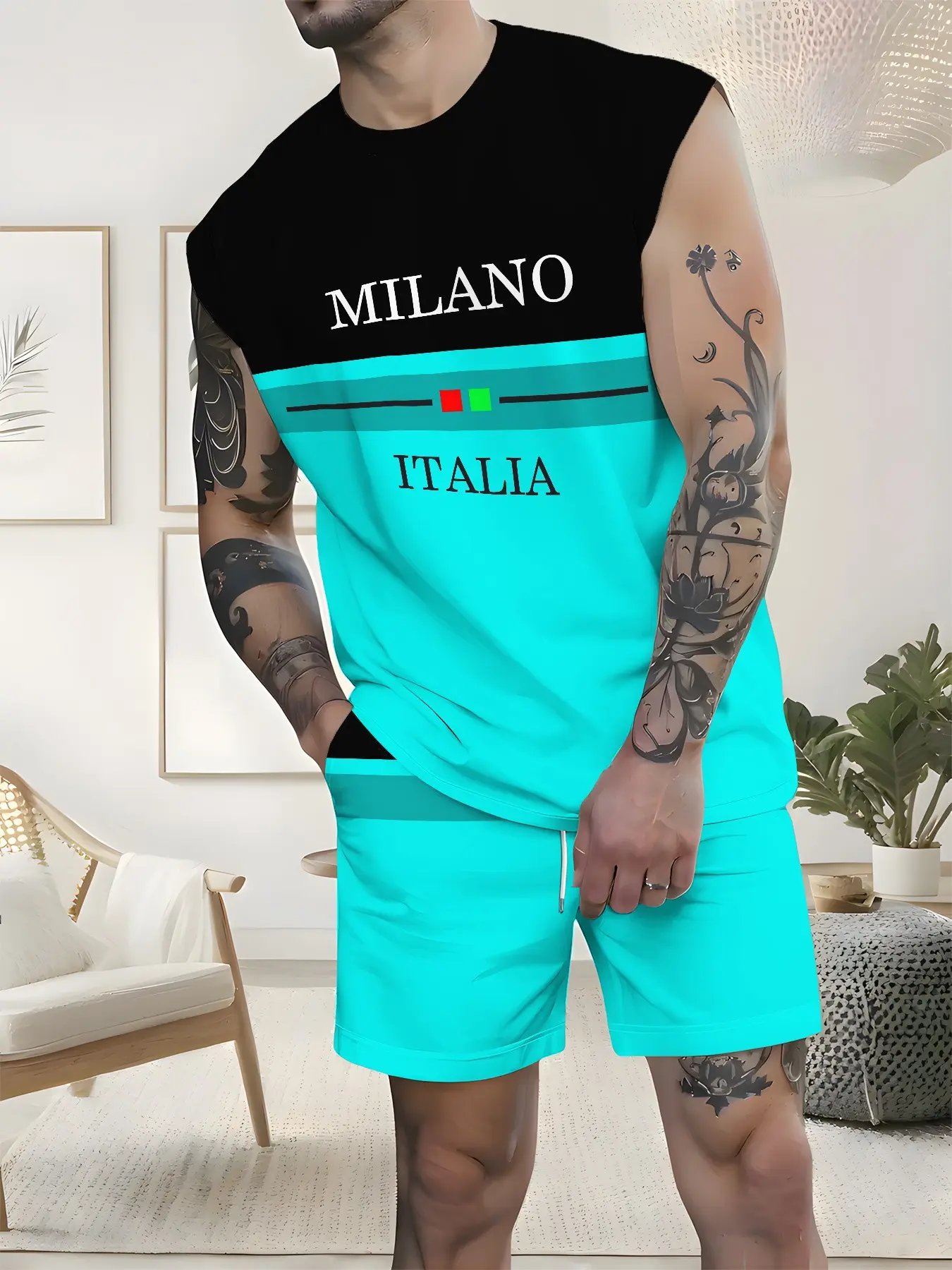 Milan Italian Style Men's Sleeveless Tank Top Set, Summer Casual Graphic Camisole & Shorts Two-Piece, Loose-Fit H-Type Silhouette