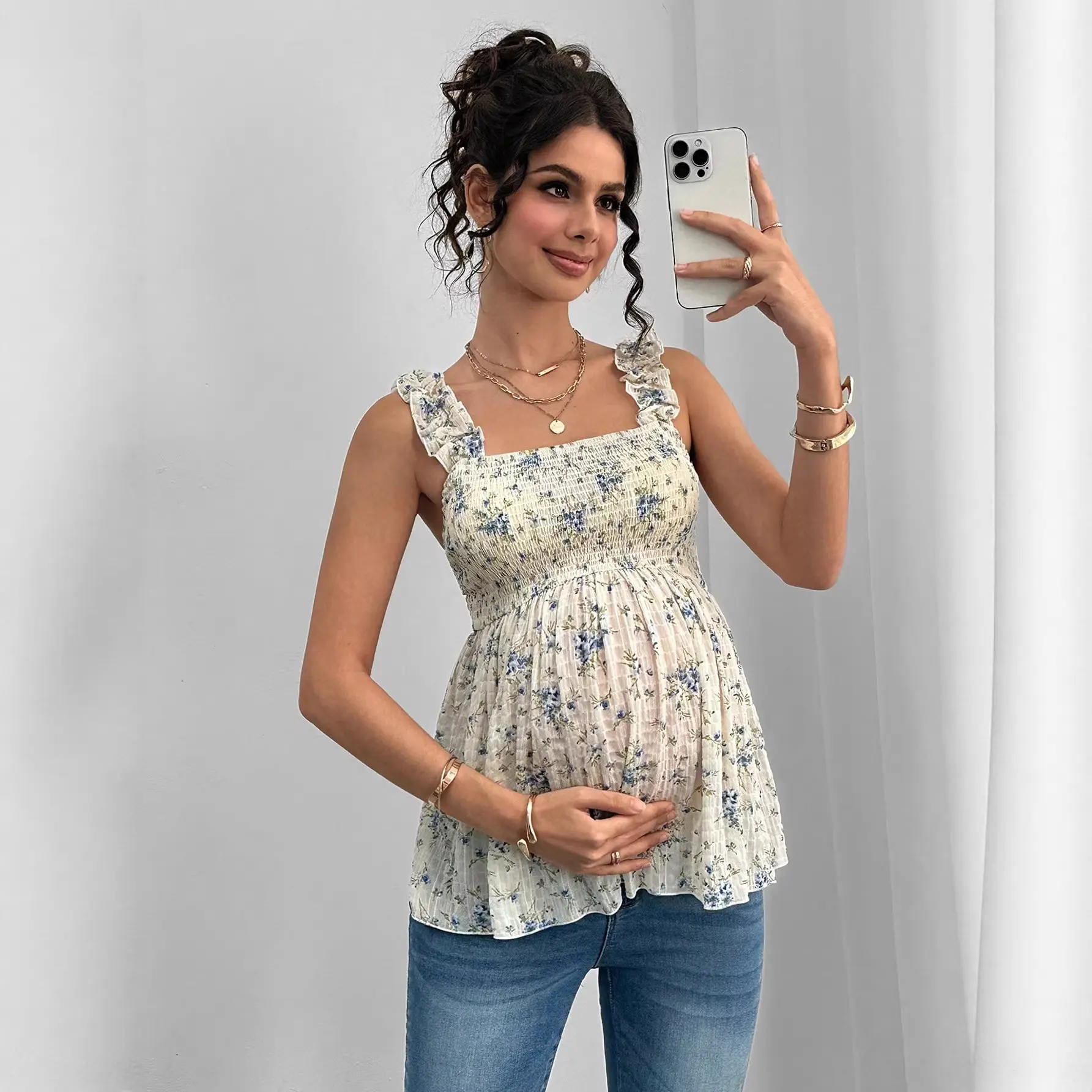 2026 Ocean Style Spring Summer New Maternity Cami Top Women Square Neck Printed A‑Line Sleeveless Tank Top Casual Pregnancy Blouse