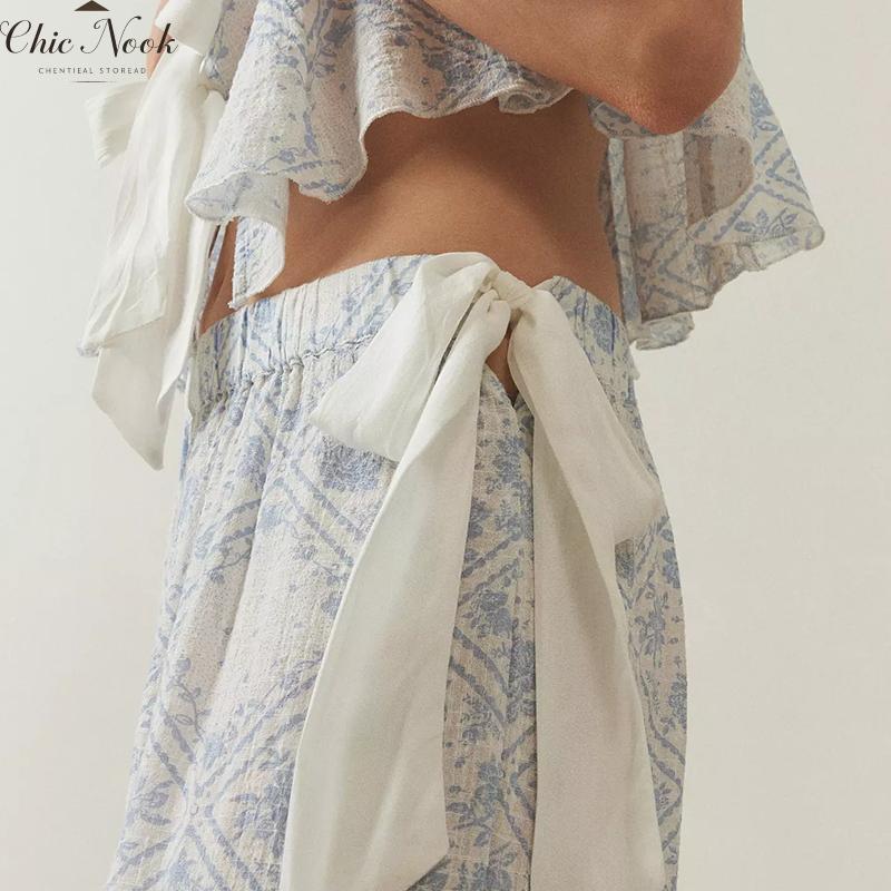 Women Tie Up Pajamas Lounge Set Y2k Floral Tops and Wide-Leg Pants 2 Piece Loungewear Outfits