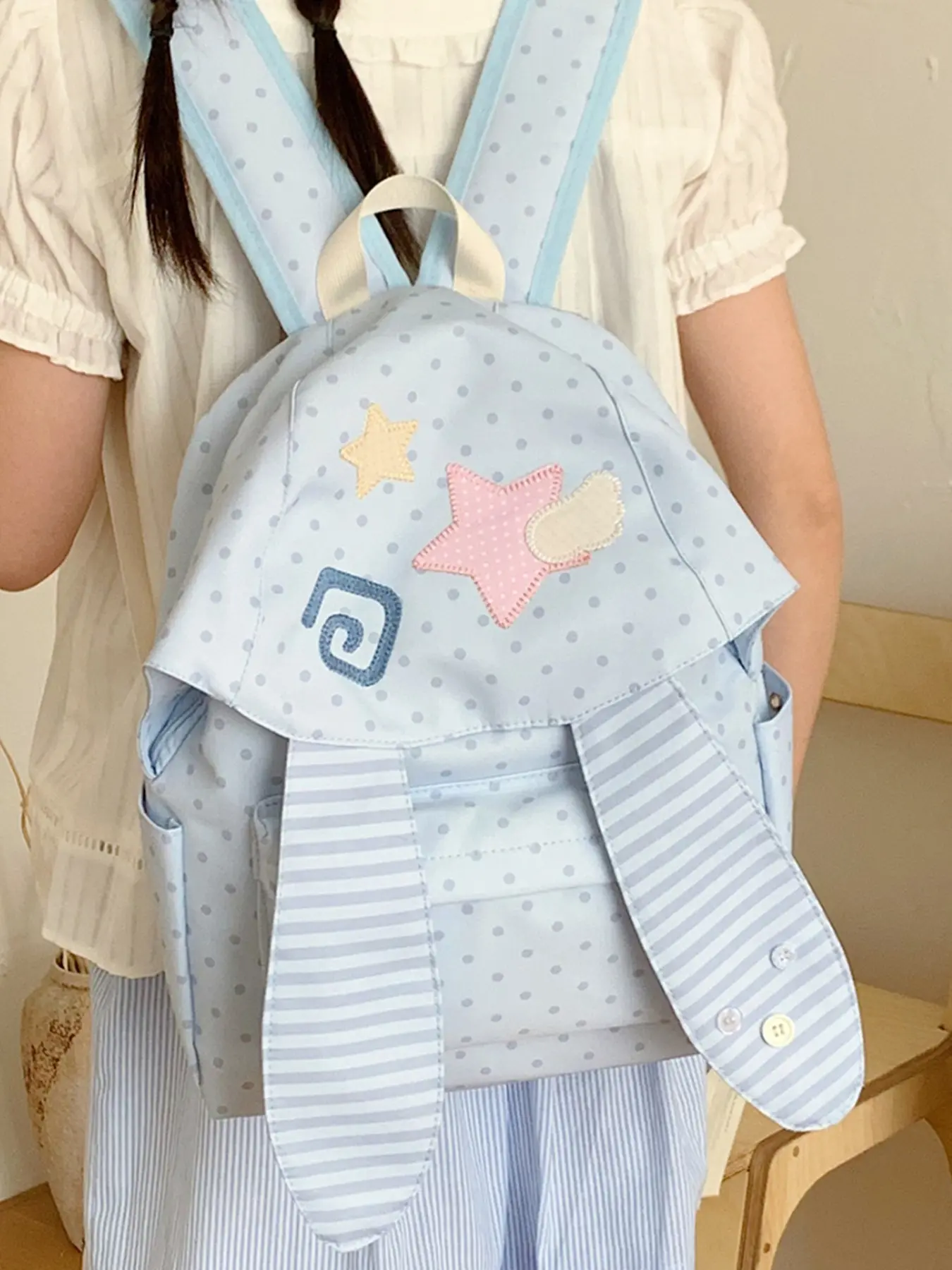 Striped Polka Dot Bunny Ear Backpack, Fashionable Student Shoulder Bag, Lightweight Casual Daily Use, Versatile and Stylish