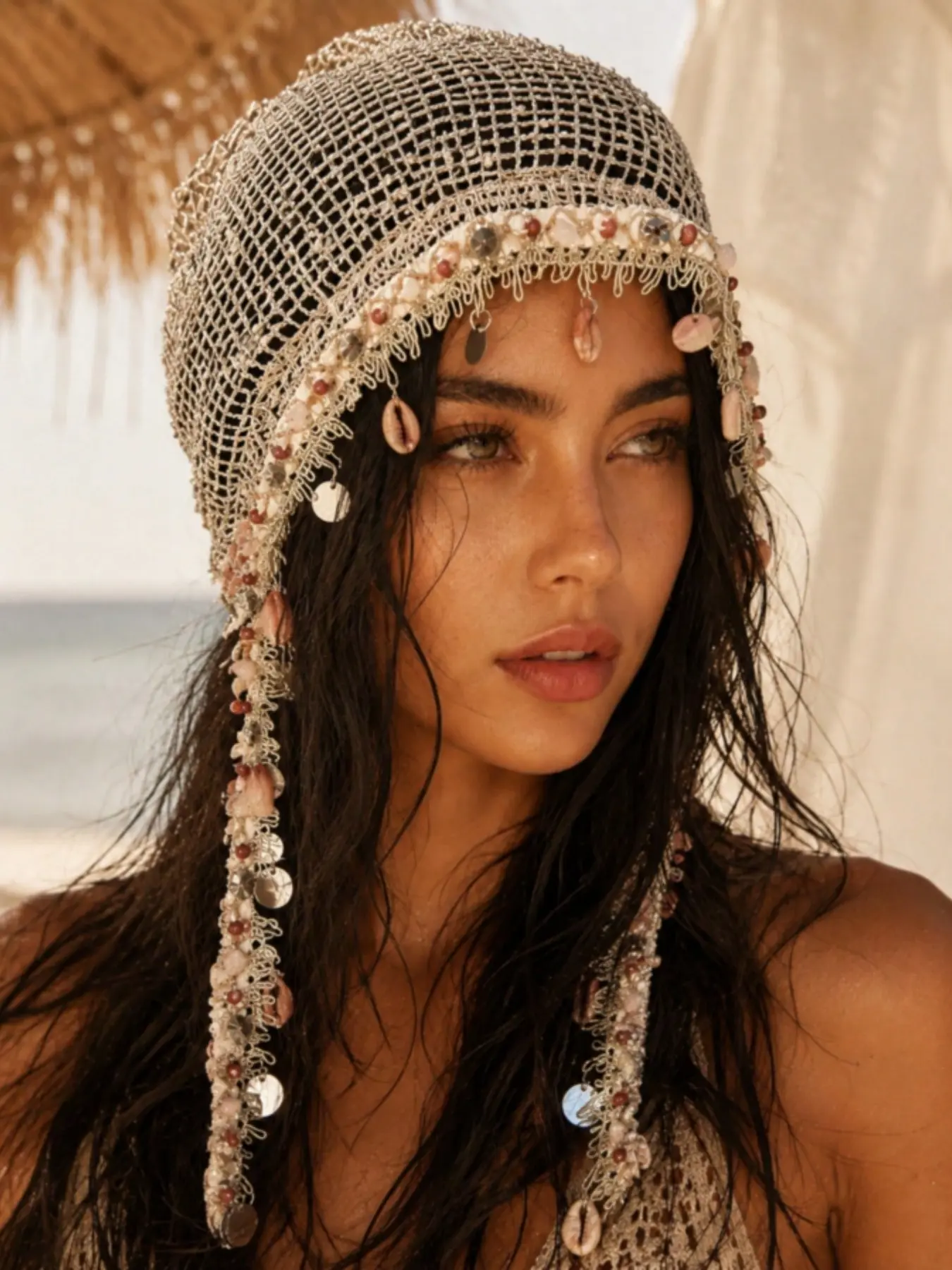 1pc Women's Hollow Out Knit Hair Cap, Elegant Fashion Design with Shell Tassel Trim, Retro Style Head Accessory for Vacation, Streetwear & Daily Wear, All-Season Available