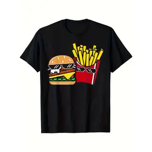 Funny Burger Fries Pattern T-Shirt - Fast Food Lovers Fashion Glasses Patty, Soft Everyday Shirt for Men and Women, Machine Washable Black Casual Top Birthday/Party Dress Up - Burger Lovers Gifts, Food People Dress, Funny Design, Comfortable Fit