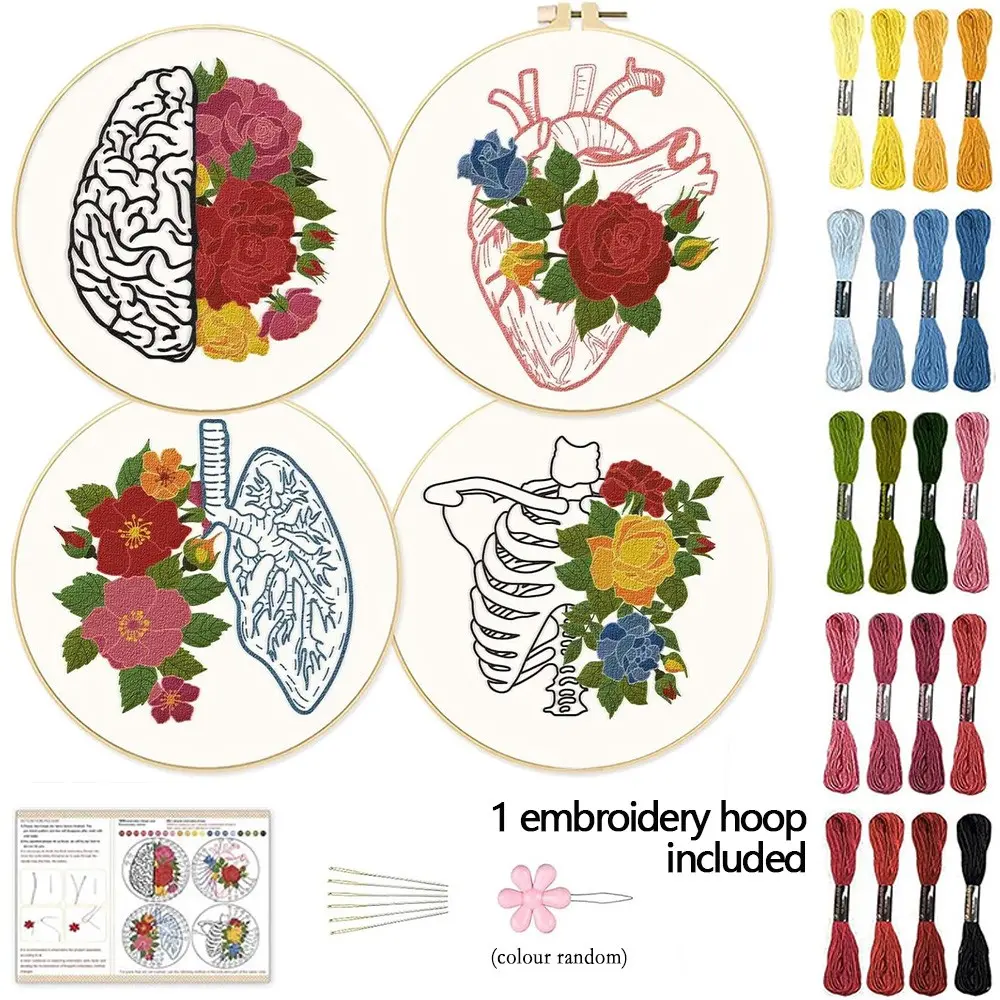 Heart & Flower Pattern Embroidery Kit, Cross Stitch Kit, 4 Counts/set Embroidery Kit with Random Color Tools, DIY Embroidery Crafts Kit for Home Decoration, Needle Crafts Kit, Embroidery Design Set, Embroidery Supplies, Diy Kits