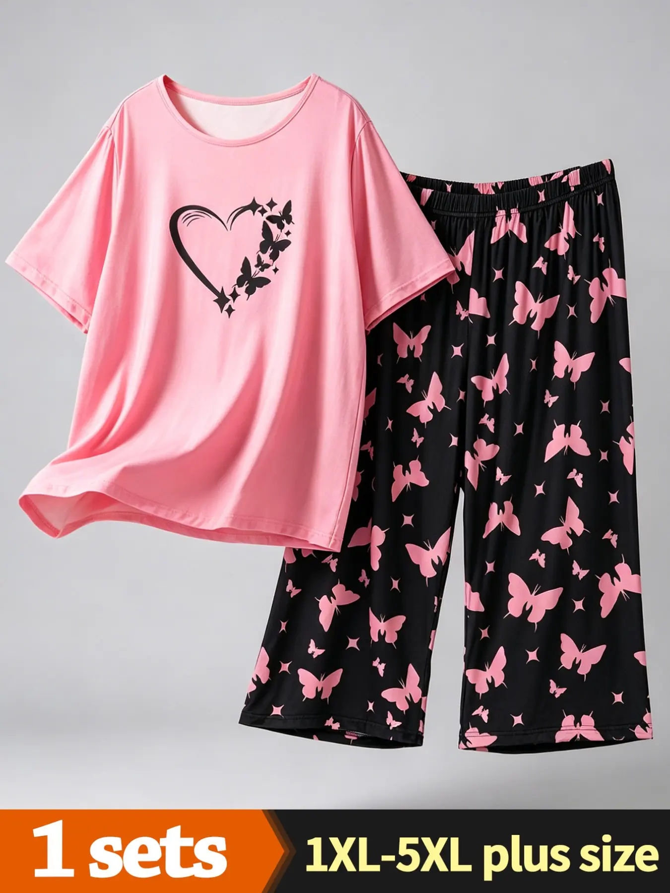Summer Plus Size Sleepwear Set, Sweet Heart Butterfly Print Short Sleeve Lounge Pants, Breathable Loose Fit, Comfortable Home Wear, Pajama Set, Sizes 1xl-5xl