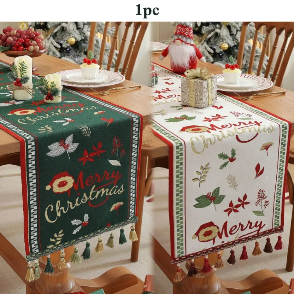 1pc 9 Sizes Merry Christmas Table Runner, Rustic Farmhouse Woven Fabric with Santa Hat Lettering Winter Poinsettia Foliage & Tassel Fringe, Holiday Kitchen Dining Table Entryway Console Coffee Table Dinner Decor