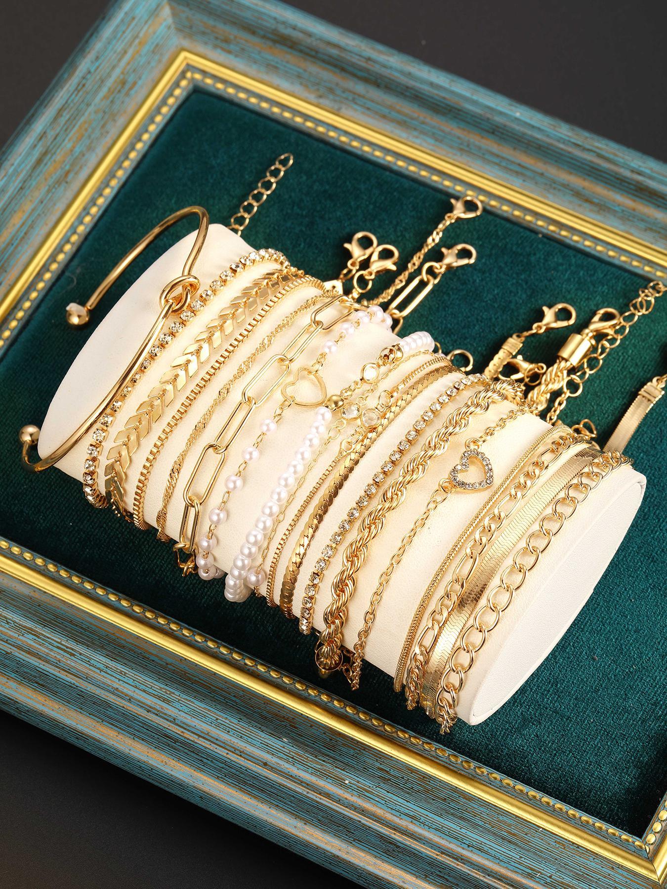 Women's Elegant Faux Pearl & Rhinestone Decorated Matching Bracelet Set, Exquisite Trendy Bracelet, Fashionable Jewelry Design for Women & Girls As Gift, Pearl Beaded Bracelet, Stackable Bracelet Set, Bracelet Bundle, Bracelets Stack