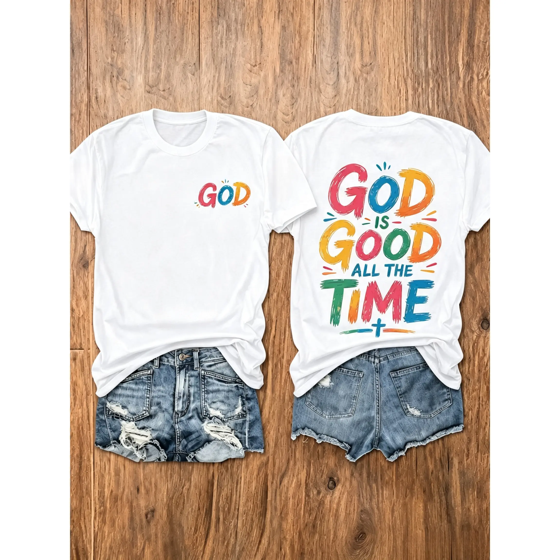 Women's Vintage 180g Graphic T-Shirt with Colorful Letter Cross Print, Crew Neck Short Sleeve Loose Fit Summer Streetwear Top,summer graphic tees,tshirts for women,christian clothing
