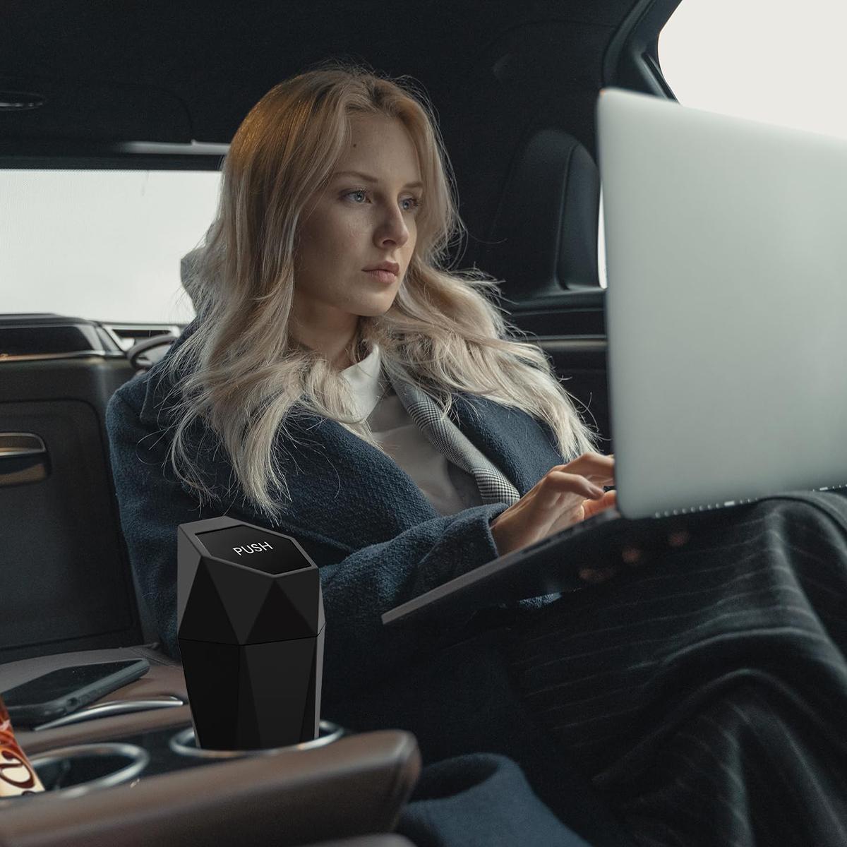 Car Cup Holder Trash Can, Leakproof Mini Trash with Lid and 90 Bags, 2 Pack for Car and Home with 2 ABS Hooks, Black