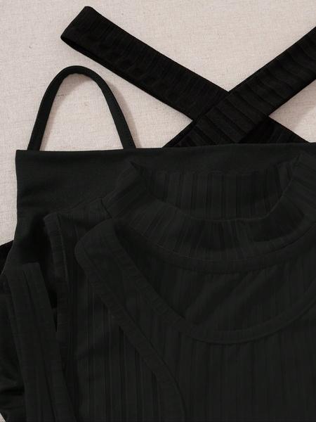 Women's Knitted Hollow Out Drawstring Crop Top Set, Summer Fashion Casual Sleeveless Vest, 4 Piece Short Tank Tops for Women, Outdoor