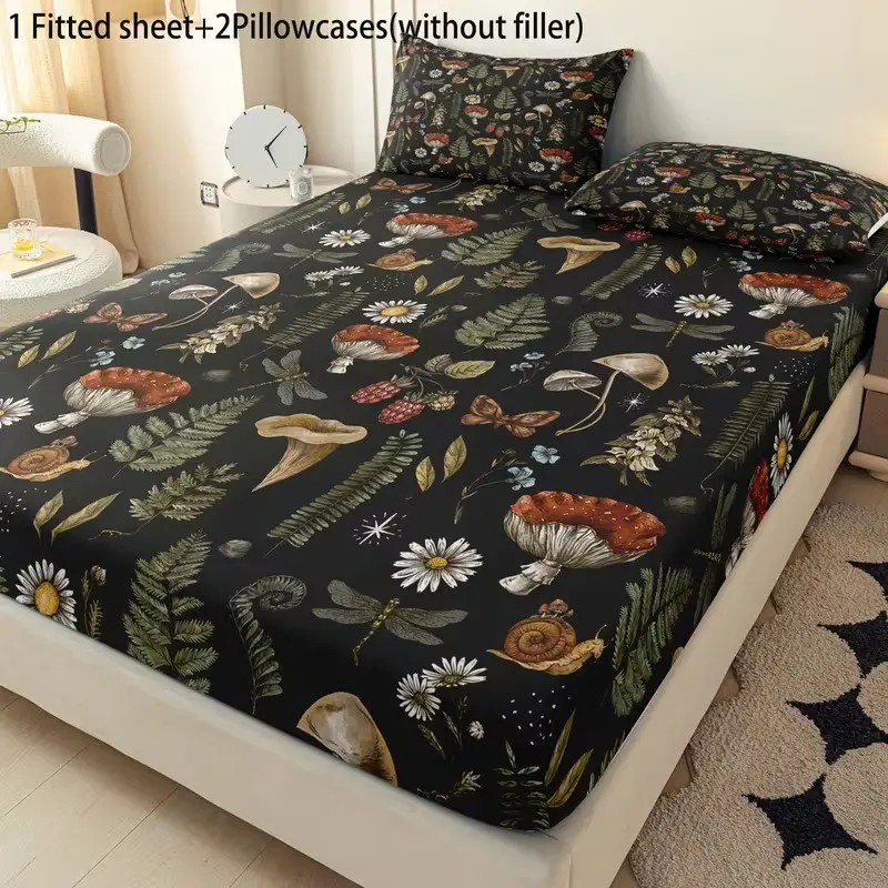 3pcs Polyester Mushroom Forest Pattern Bed Sheet Set, Soft Comfortable Bedroom Decor, Gift for Family and Friends, Includes 1 Bed Sheet + 2 Pillowcases, Comfy Bedding Sets, Bed Linens