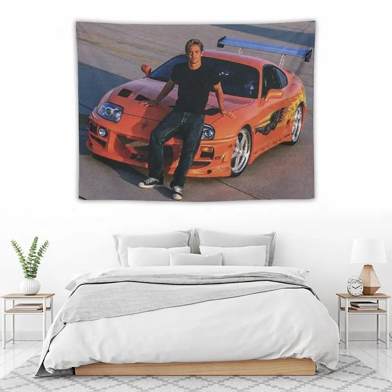 Paul Supra Tapestry Fast and Furious Orange Racing Car Retro Movie Scene Wall Hanging Cool JDM Fan Boy Cave Room Decor Dorm Background Banner
