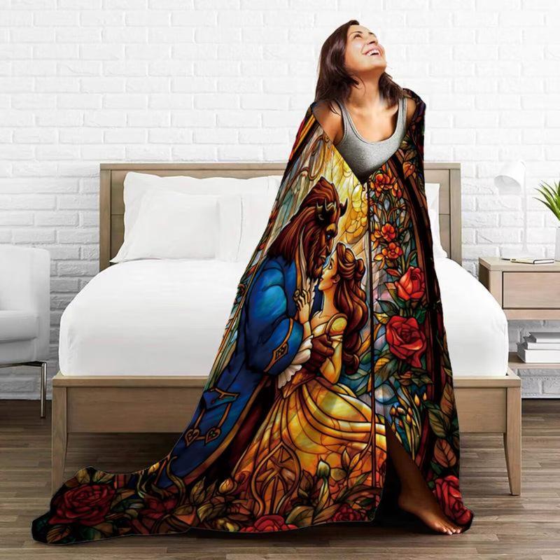 1PC Beauty and Beast Cartoon Printing, skin -friendly, warm, soft, four seasons, family office travel thickened flavor blankets birthday gift