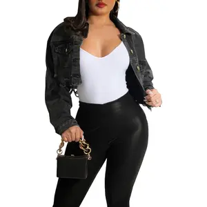 Cropped Denim Jackets for Women Long Sleeve Destroyed Wash Jean Jackets