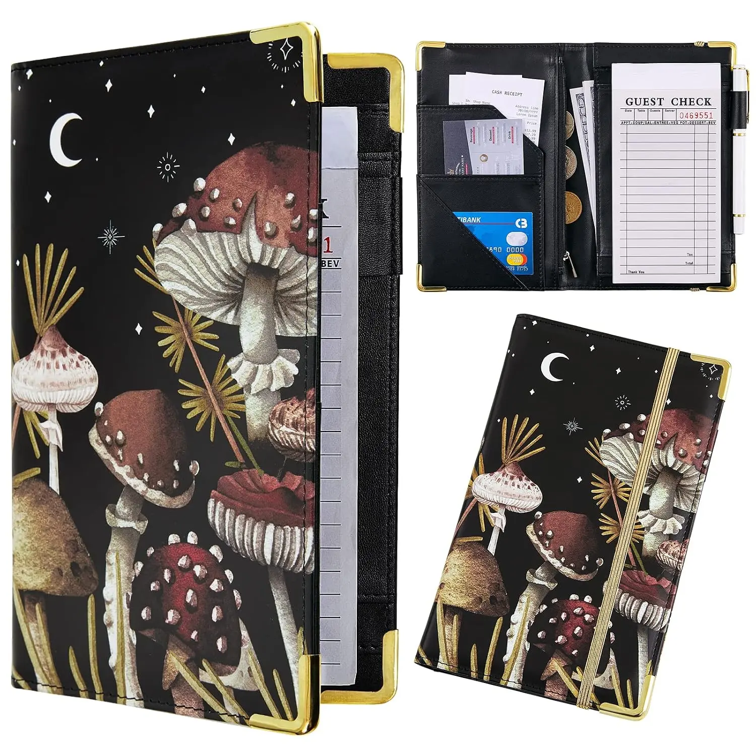 PU Leather Server Book for Waitstaff - 8x5 in, Zippered Pockets, Order Support, Office Stationery Notepad Serving Accessory
