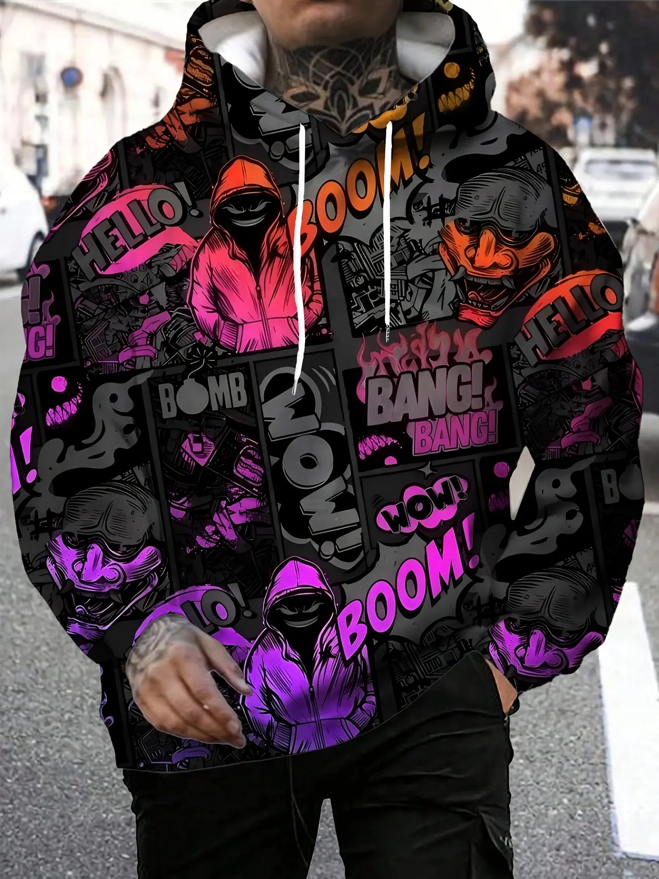 Men Comic Graffiti All Over Print Hoodie, Cartoon Street Art Graphic Drawstring Hooded Sweatshirt, Hip Hop Urban Streetwear Pullove