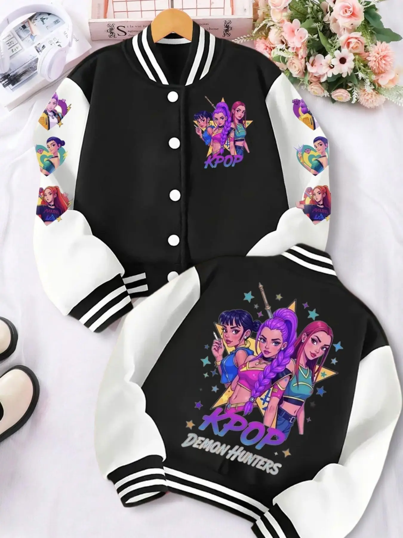 Girls' Cartoon Print Baseball Jacket, Casual Sporty Outerwear, Elastic Fabric, Perfect for Outdoor Activities, Fall Winter Halloween, Casual Cute Outerwear