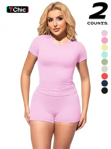 2PCSWomen's Solid Color Short Sleeve Tee & Shorts Set, Breathable Gym Yoga Running, Comfortable Sportswear for Women