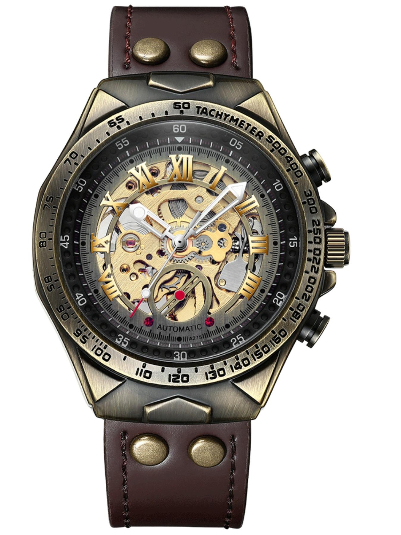 Men's Vintage Mechanical Watch, Fashion Skeleton Automatic Watch for Party, Daily Clothing Decor, Trendy All-match & Exquisite Watch for Gift with Box, Self Winding Watches