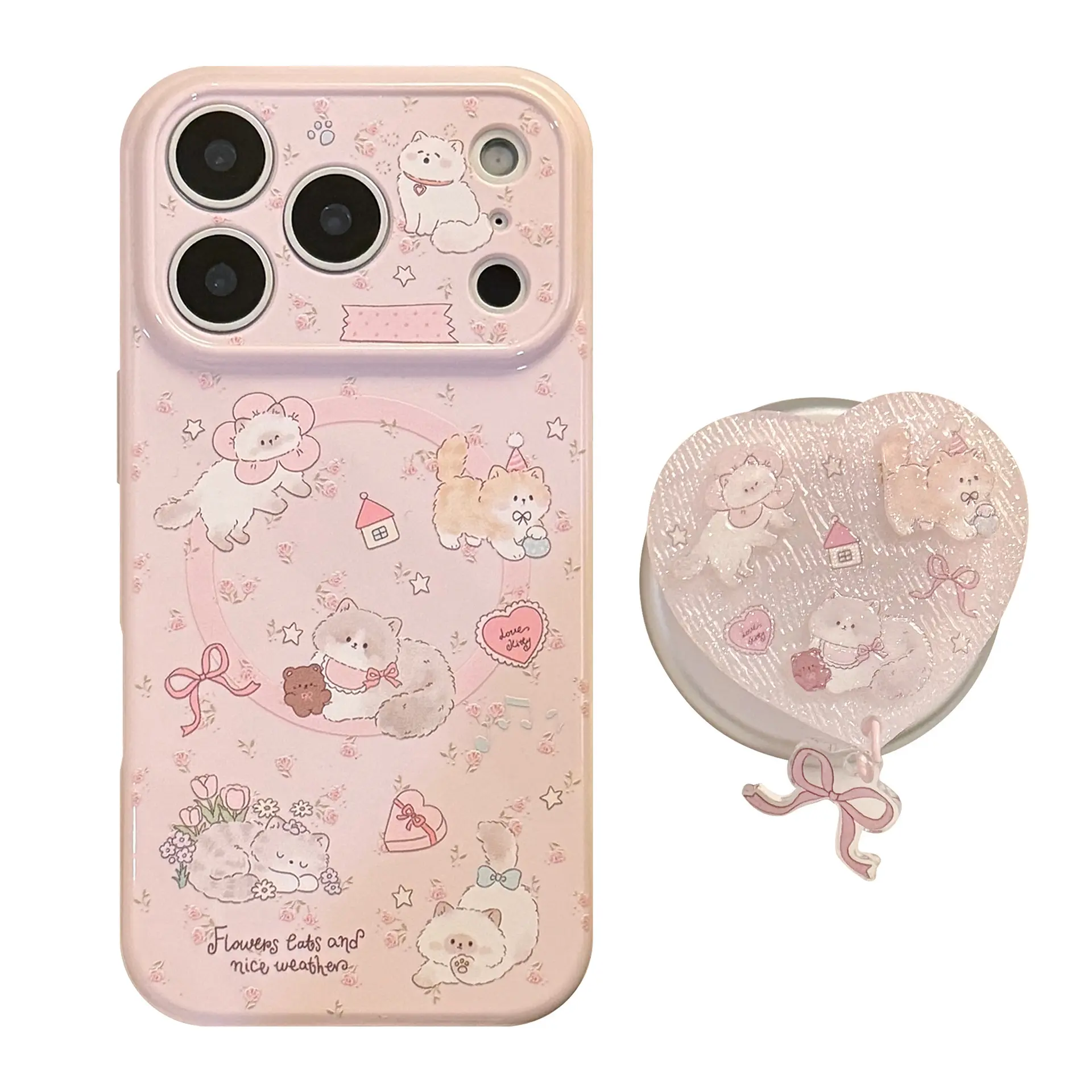 Cute Pink TPU Magnetic Phone Case for iOS iPhone Series, Multi-Model Anti-Fall Protective Cover with 3D Heart-Shaped Bowknot Bracket, Compatible with iPhone 13/15/16/17/17 Pro Max, Gift-Worthy Accessory with Screen Film