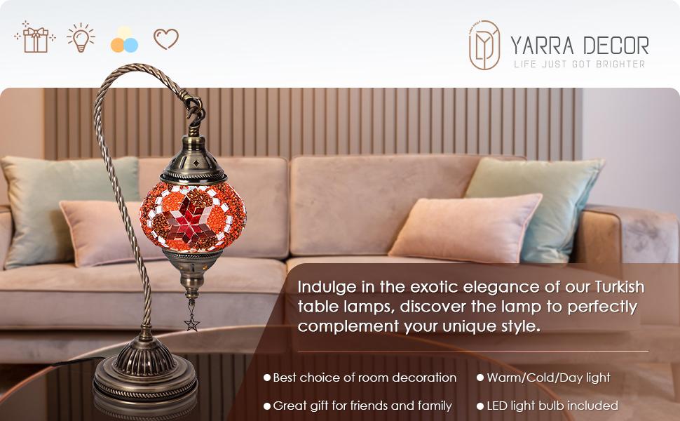 AGS Yarra-Decor Turkish Moroccan Lamp with Bronze Base 3-Way Color Changing Handmade Swan Neck Tiffany Mosaic Glass Bedside Lamps for Bedroom (LED Bulb Included) (Red2)