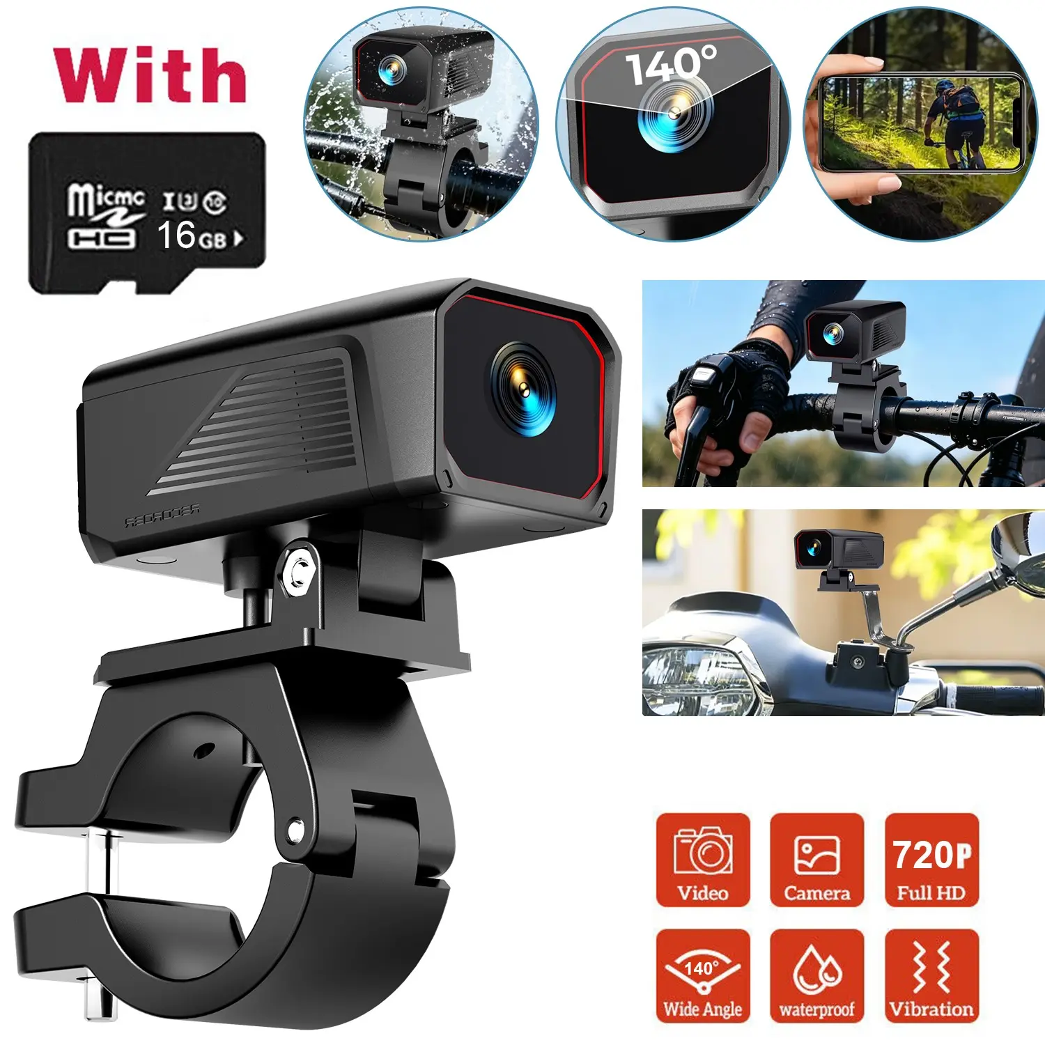 Electric Bike Dash Cam, Waterproof Bicycle Camera, Ip5 Ultra HD, 140° Wide Angle Night Vision, 16GB Storage, USB Plug & Play, Safety Protection