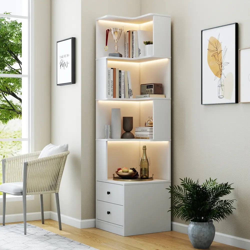 Littleox Corner BookShelf with drawers,4-Tier Corner Bookshelf Bookcase with Baffle, Freestanding L Shaped Display Shelf Stand with led lights for Home Office, Living Room, Bedroom, Kitchen