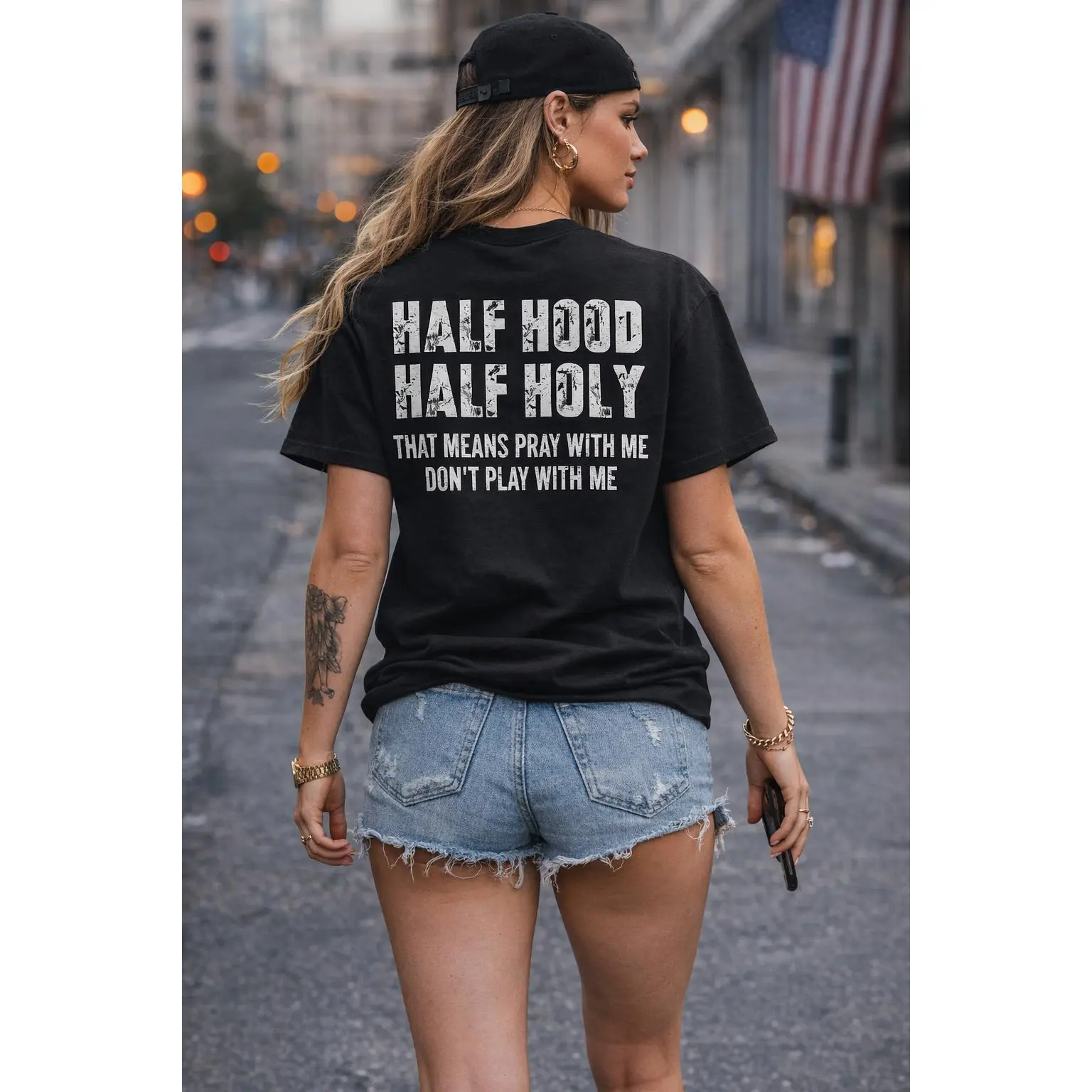 Half Hood Half Holy That Means Pray With Me Dont Play With Me Back Graphic T Shirt 100 Percent Cotton Short Sleeve Crew Neck Unisex Streetwear Top Vintage Distressed Letter Print Christian Faith Tee Casual Gift for Women Men