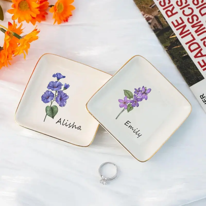 Customized Birthday Flower Jewelry Plate: Personalized Name Miniature Plate, Jewelry Trays