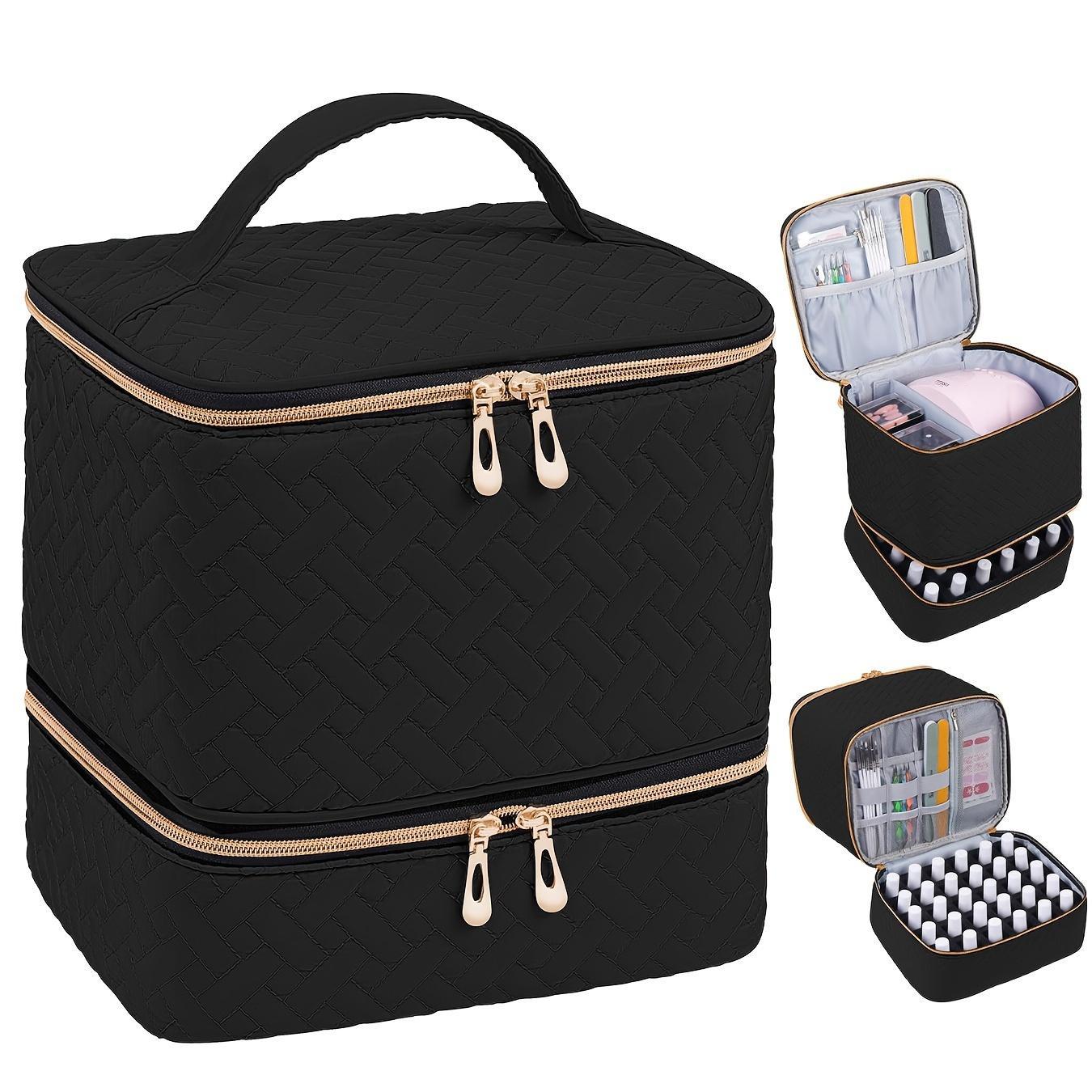 Double Layer Nail Polish Organizer Makeup Box, Portable Large Capacity Travel Case, Zipper, Durable and Lightweight