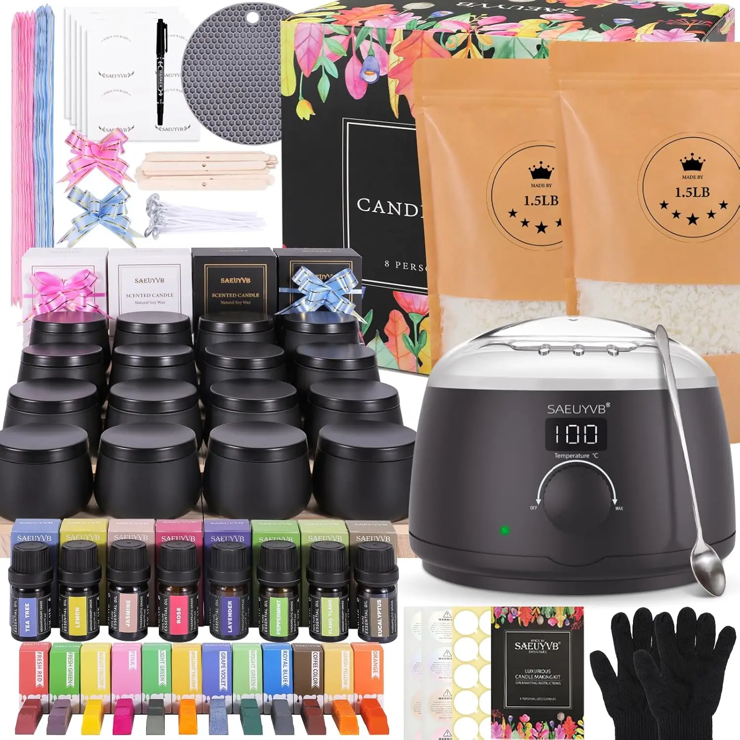 Home Decor DIY Soy Wax Candle Making Kit for Adults - Complete Starter Set with Electric Hot Plate, Crafting Supplies, Black Tins, Easy Instructions